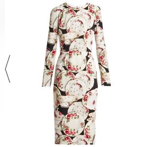 Dolce & Gabbana White Plate-Print Long Sleeve Midi Dress, Size 42 Italy